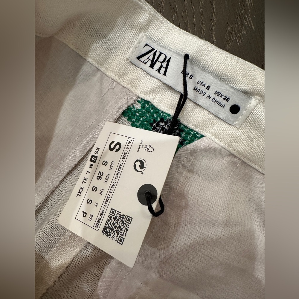 NWT Zara Embroidered Linen Blend Pants | Size S | white black & green - Picture 3 of 4